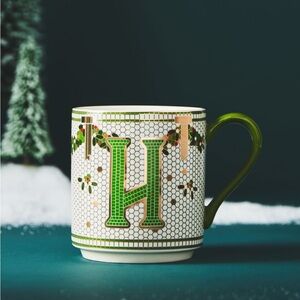 NEW Anthropologie Bistro Tile Holiday Monogram Mug Letter H
